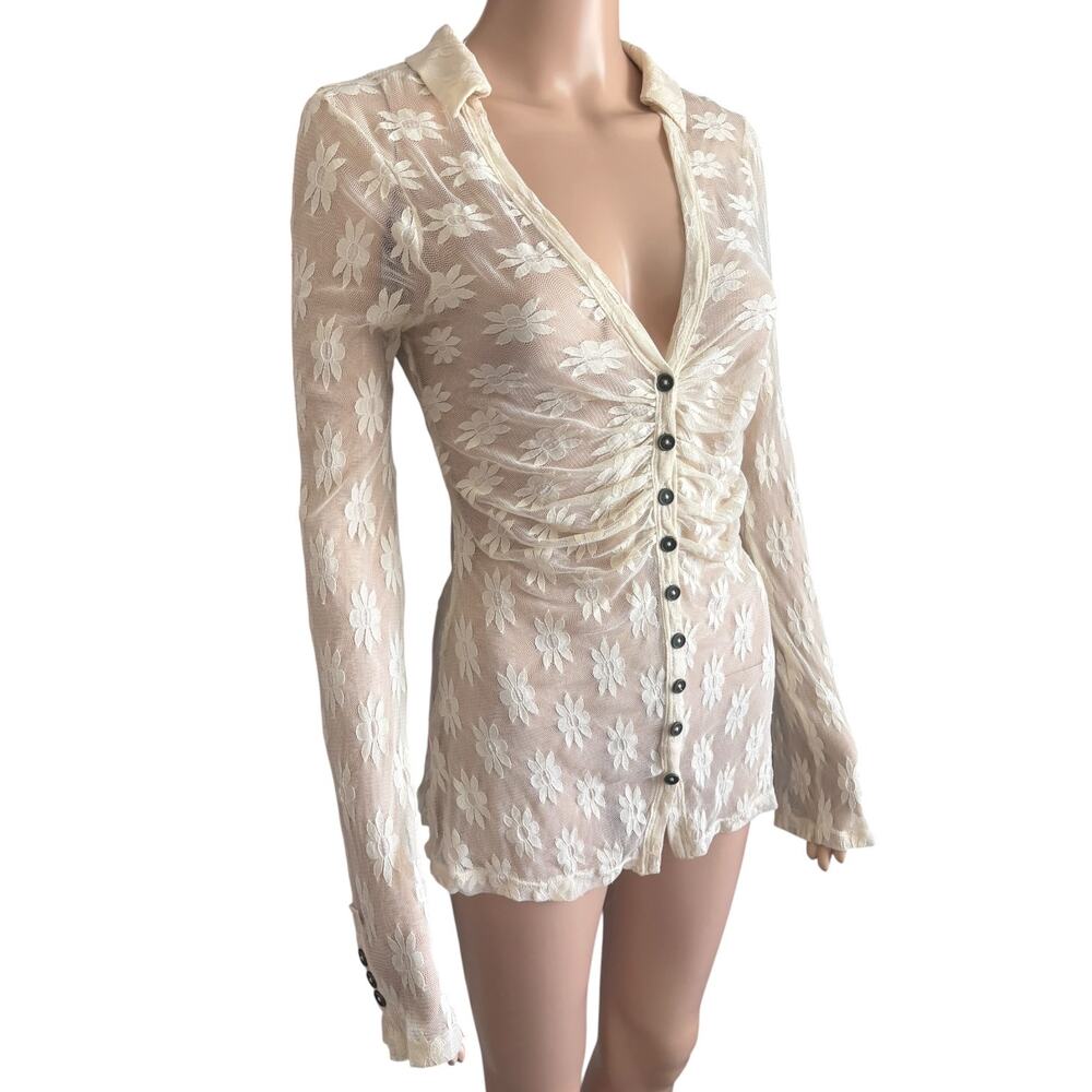 Free People Sheer Mesh Floral Top S Boho Fairy Grunge Coquette Balletcore Cream